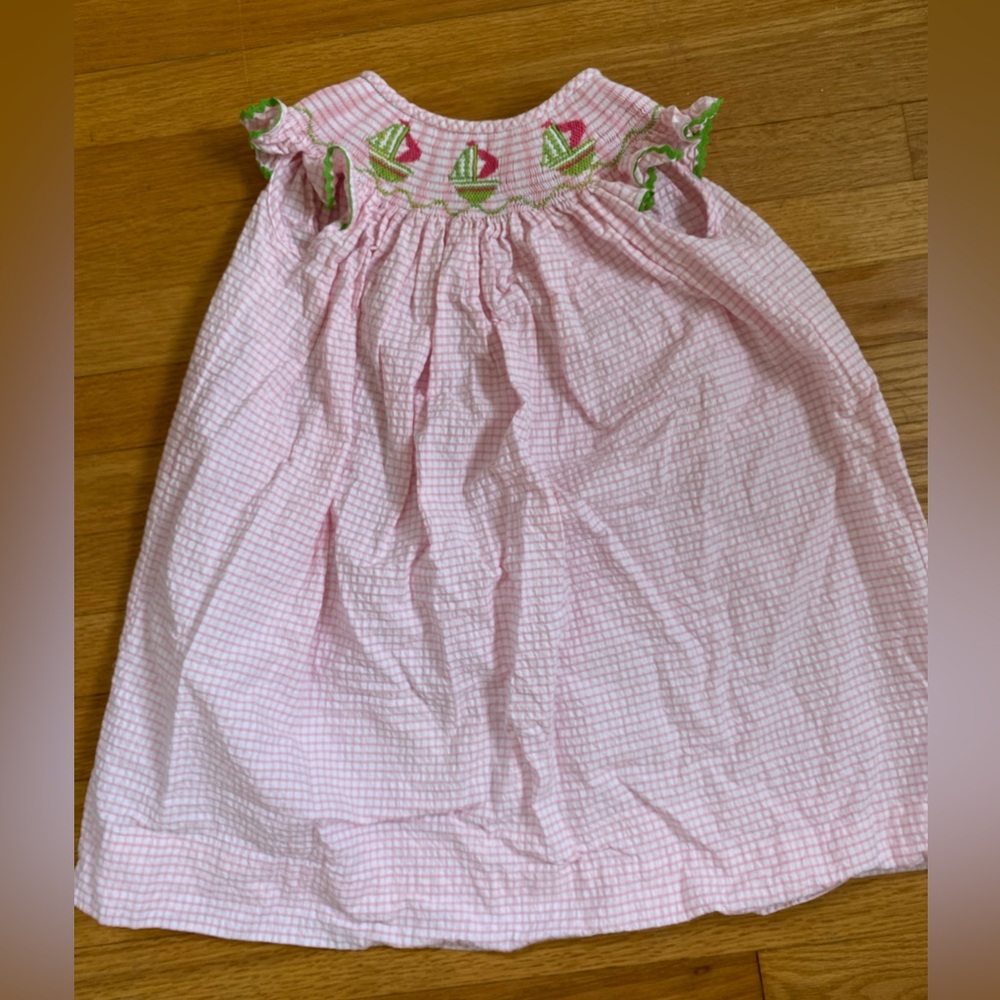 Krewe 3T pink gingham/seersucker dress with boat embroidery/smocking at top